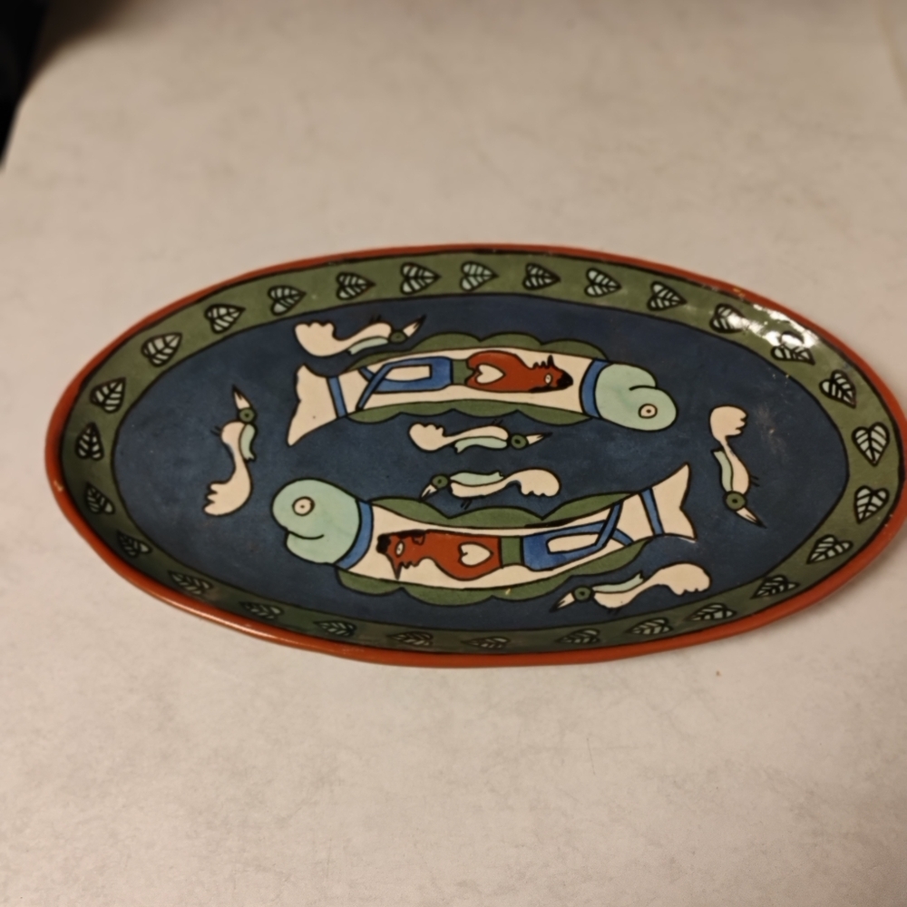 Vintage 70s Handmade Aztec Fish Decorative Plate
